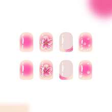 24Pcs Short Square Press On Nails Pink Gradient French Tip Nails With 3D Flower Ripple Design Glue On Nails Glossy Acrylic Nails Summer Full Cover Stick On Nails Women Girls Daily Wear - 鍍鉻金星弓-2 - 查看 5