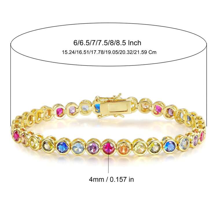 MDFUN Pulsera de cadena de tenis chapada en oro blanco/amarillo de 18K, incrustada con circonita cúbica arcoíris de 4mm, pulsera de tenis para mujer - Dorado - Añade 7