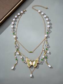 1件绿色蝴蝶链和水晶仿珍珠项链饰品，精灵仙子风，朋克风，串珠颈链，送给她的完美礼物，适合日常佩戴 - 綠色 - 查看 4