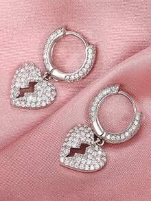 1pair Dazzling Cubic Zirconia Heart Dangle Hoop Earrings For Men Cool Punk Rock Earring Hip Hop Party Jewelry - Silver - View 7