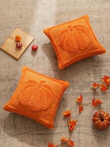 2 pièces Housse de coussin en peluche orange grosse citrouille, style bohème avec broderie 3D. Housse de coussin de canapé convenant pour le salon, la salle à manger, la chambre à coucher - Orange - Voir 3