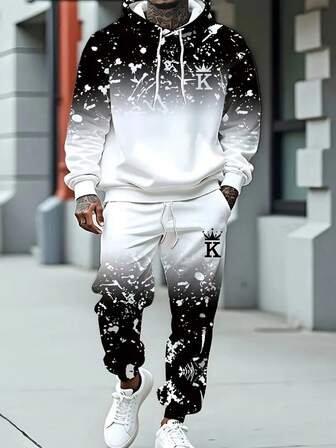 Men Plus Size 3D Digital Print Ombre K Letter Pocket Hoodie & Pants Set, Hoodie & Pants 2 Pieces Set , Fall Clothes