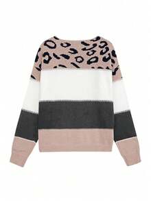 Women's Oversized Cute Color Block Leopard Sweaters Casual Cozy Ribbed Knit Crewneck Pullover Long Sleeve Sweater Tops
