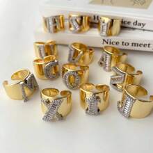 1 Pc New Arrival Two Tone Pave Initial Letter Ring Vintage Style Adjustable Open Metal Rings - Letter Type - View 7