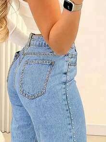 Women's Retro Loose Straight Leg Denim Pants Solid Color Washed Front Button Pocket With Rivets, Loose Wide Leg Jeans, Suitable For Daily Casual Wear - 淺色水洗藍 - 查看 3