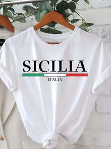 Sicilia Italy "Women's T-Shirt - Casual Crew Neck, Short Sleeve, Breathable Polyester Blend, Machine Washable - Perfect For Spring And Summer - 白色 - 查看 1