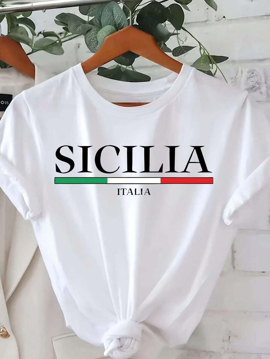 Sicilia Italy "Women's T-Shirt - Casual Crew Neck, Short Sleeve, Breathable Polyester Blend, Machine Washable - Perfect For Spring And Summer - 白色 - 查看 1