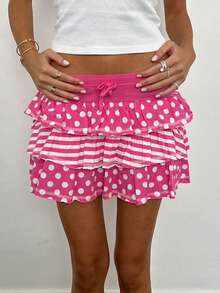 Women's Summer Mini Skirts Pink Dot Print Tiered Skirt For Daily, Travel, Parties - Hồng - Xem 2