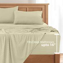 Lux Decor 4 Pc Stripe Bed Sheets, High GSM Brushed Microfiber Bedding Set With Deep Pocket Fitted Sheet & Pillowcases. Soft, Breathable, Hypoallergenic, Easy Care, And Wrinkle Resistant For Year-Round Comfort And A Classic Hotel-Quality Look. - 香草 - 查看 4
