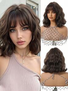 1 件女士合成短波浪鲍勃假发，黑色假发直发，冷棕色假发，短卷发刘海，12 英寸长，适合日常使用，自然逼真的假发，适合万圣节和圣诞节新年狂欢节音乐节角色扮演、女孩礼物、夏季毕业礼物、现成礼物、万圣节圣诞节礼物