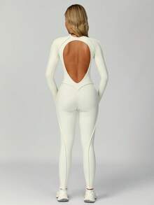 MASKERT 女士运动服瑜伽服连体裤跑步运动健身服高弹瑜伽服居家休闲舒适亲肤 - 奶油白 - 查看 2
