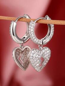 1pair Dazzling Cubic Zirconia Heart Dangle Hoop Earrings For Men Cool Punk Rock Earring Hip Hop Party Jewelry - Silver - View 3