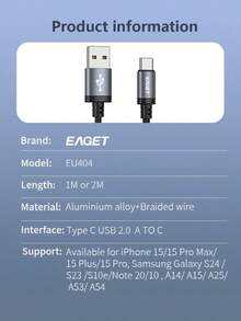 EAGET USB Type C Cable Fast Charging USB A To Type C Charger Cord Braided With Compatible With IPhone 15/15plus/15pro Max/16, Sam Sung Galaxy S23 Ultra/S23/S23+/S22/S22 Ultra/S22+/S21 For Android Phones Compatible With IPhone 16, 16 Pro Max, 15, 15 Plus, 15 Pro, 15 Pro Max, Compatible With Redmi, Compatible With OnePlus