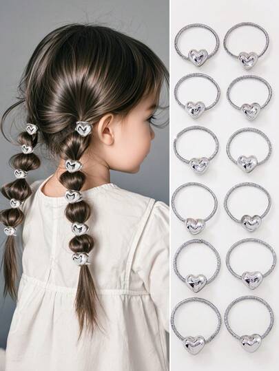 10pcs/Pack Girls Mini Heart Shaped Metallic Elastic Hair Ties, Cute Princess Style, Versatile, Gentle On Hair, Suitable For Daily Use