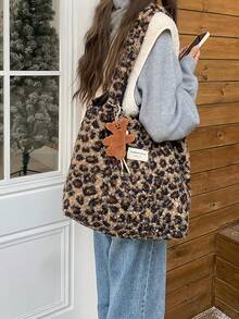 FRIFUL Bolso de mano de peluche de estampado de leopardo para mujer, nueva llegada del otoño 2025, estilo para ir al trabajo y al campus, bolso de hombro de gran capacidad, bolso de piel sin colgante - Marrón - Ver 6