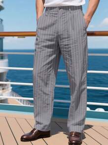 Mens Straight Fit Chino Pants Mid Rise Stripes Print Dress Pants Flat-Front Linen Pants