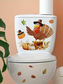 1pc Halloween Adorable Turkey & Pumpkin Maple Leaf -PVC Self-Adhesive Waterproof Removable Bathroom Decal , Suitable For Toilet Lid Sticker, Window Sticker,Bedrooms, Home Decoration, Festive Decoration, Etc