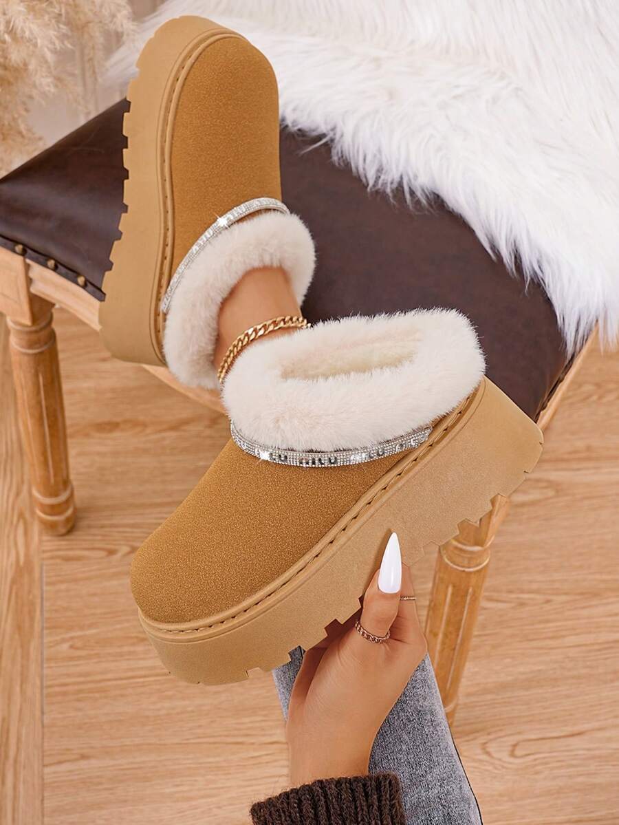 Damskie, jednokolorowe, ocieplane, grube, ciepłe buty śnieżne z kryształkami, modne, zimowe botki na platformie z miękką, pluszową podszewką, antypoślizgowe, wygodne, wsuwane buty z grubą podeszwą