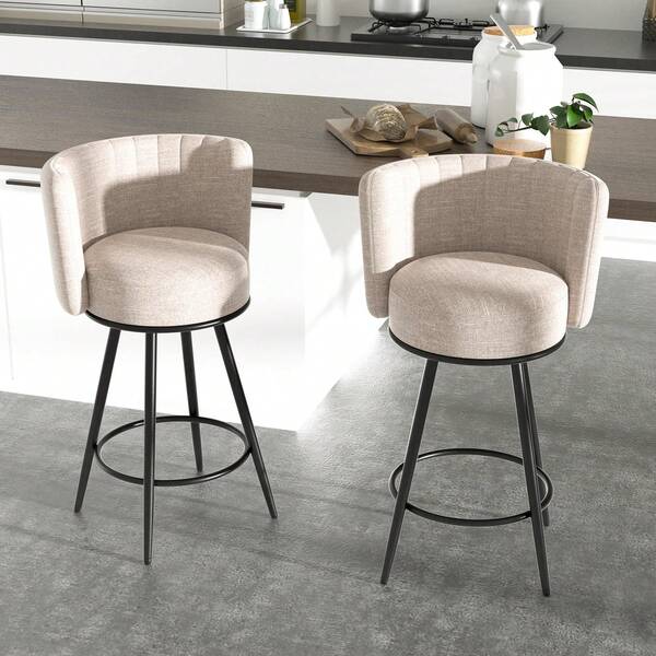 Bar Stools Set Of 2, 27" Tufted Modern Counter Height Bar Stools, Upholstered Barstools With Back & Footrest Metal Legs, Stools For Kitchen Island, Counter, Cafes, Dining Room (Beige)