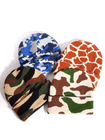 1 件迷彩卷边提花图案便帽，Y2K 秋冬户外骑行帽，古怪个性化时尚适合日常休闲，针织帽是情侣的理想礼物