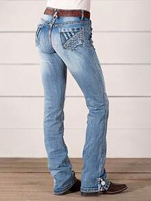 Ladies' High Waisted Elastic Denim Pants Slim Fit And Slimming, Casual Embroidery Embroidered Feet With Slit Design, Versatile Jeans - Light Wash - View 1