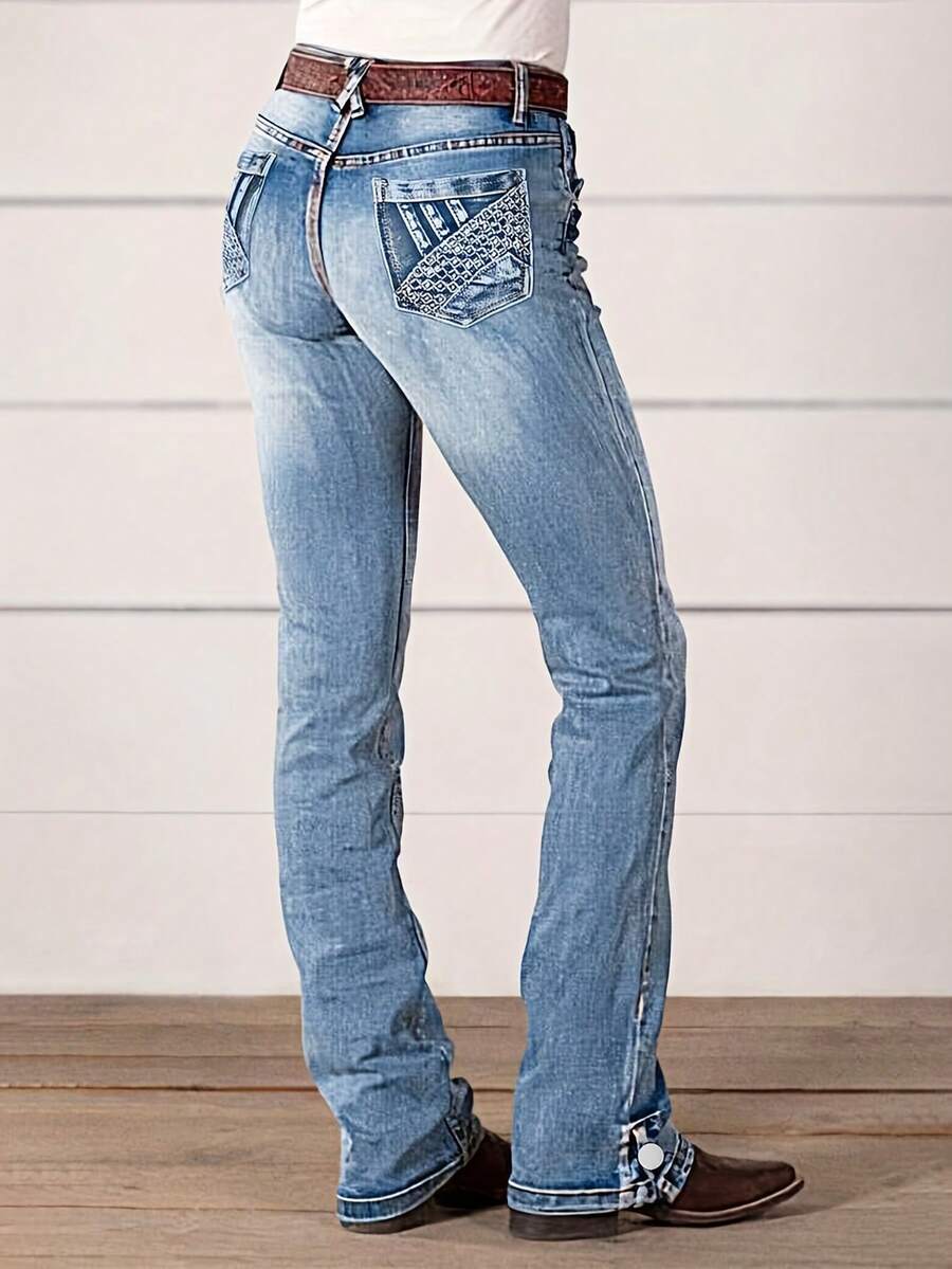 Ladies' High Waisted Elastic Denim Pants Slim Fit And Slimming, Casual Embroidery Embroidered Feet With Slit Design, Versatile Jeans - Light Wash - View 1