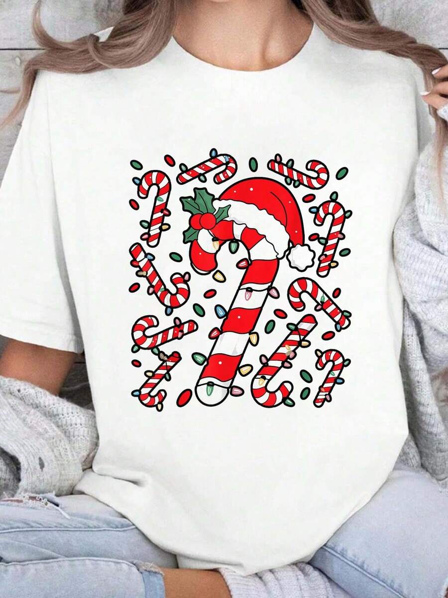 Graphic Tees Women 100%Cotton Women Clothing Fall Women Clothes Round Neck T Shirt Summer Outfits For Women Tops For Women White T Shirt Red And White Candy Cane Santa Christmas Funny Xmas Lights T-Shirt - 白色 - 查看 1
