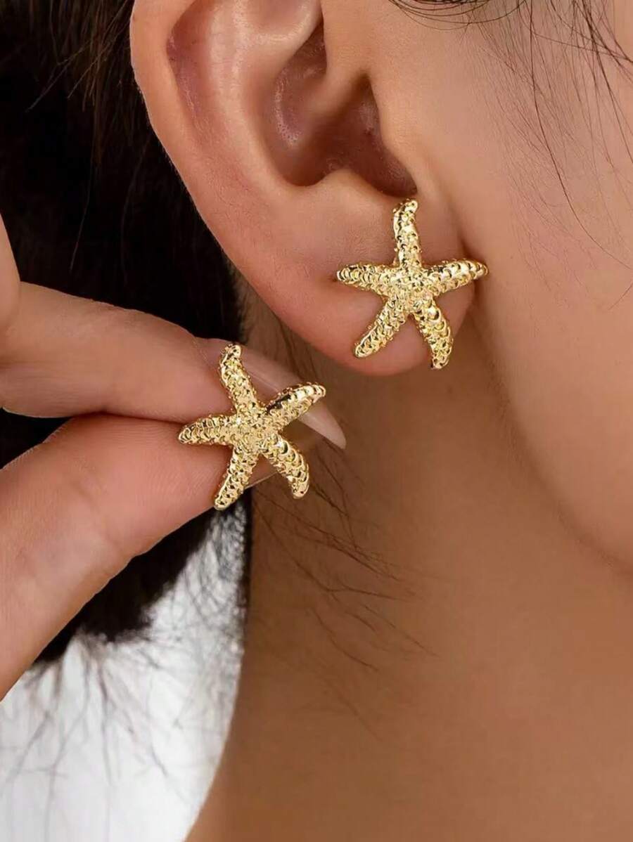 1 Pair Fashionable Delicate Cute Starfish Design Women's Earrings, Golden Jewelry Hoops, Versatile Long-Lasting Color, Suitable For Women's Beach, Party, Holiday, Daily Wear