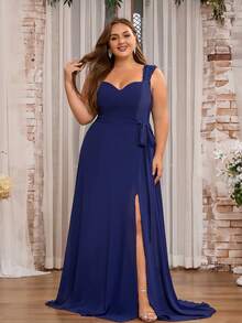 Váy phù dâu bằng vải chiffon xẻ đùi cỡ lớn cho nữ - Màu xanh hải quân - Xem 2