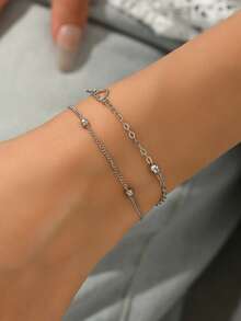 1pc Double-Layer Heart Shape Bracelet, Romantic & Feminine, Suitable Gift For Women, Students, Friends, Birthday/Anniversary - Silver - View 4