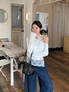 秋季性感露肩撞色蕾丝长袖T恤女式领带 - 白色 - 查看 4