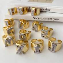1 Pc New Arrival Two Tone Pave Initial Letter Ring Vintage Style Adjustable Open Metal Rings - Letter Type - View 1