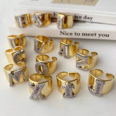 1 Pc New Arrival Two Tone Pave Initial Letter Ring Vintage Style Adjustable Open Metal Rings
