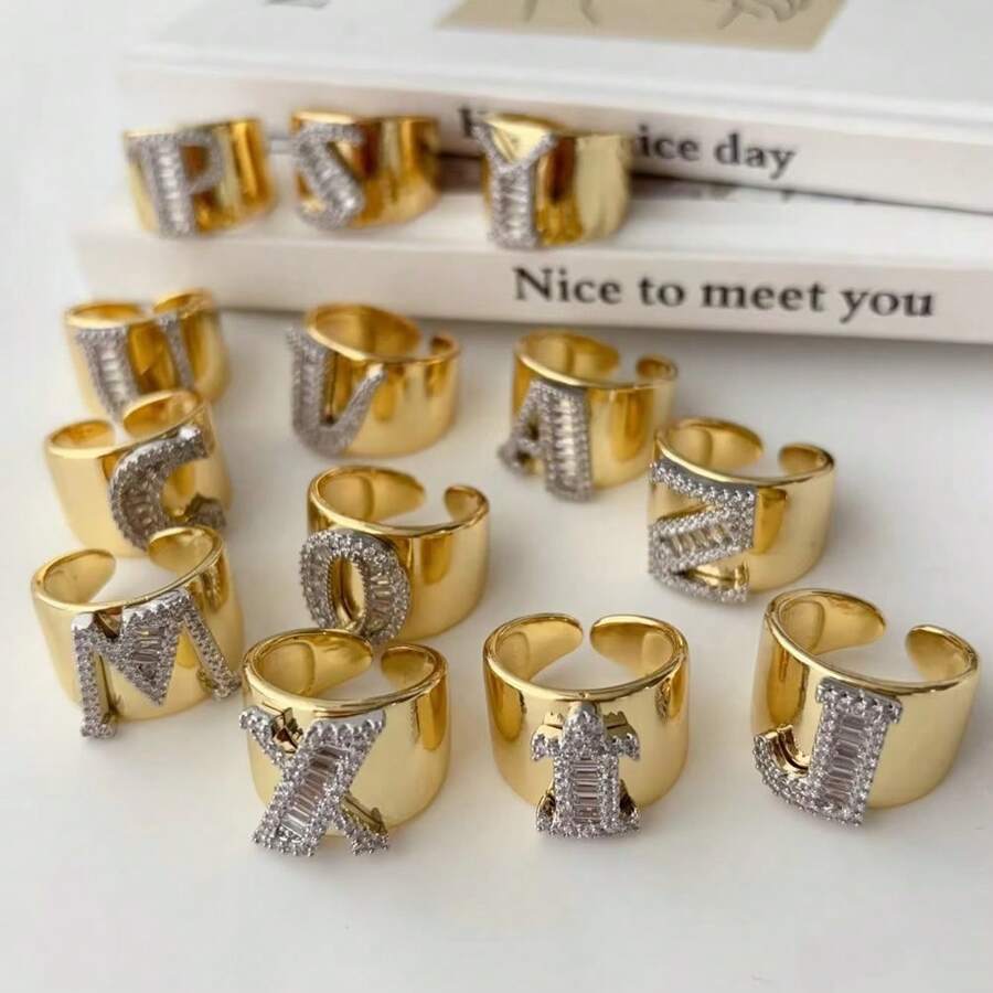 1 Pc New Arrival Two Tone Pave Initial Letter Ring Vintage Style Adjustable Open Metal Rings - Letter Type - View 1