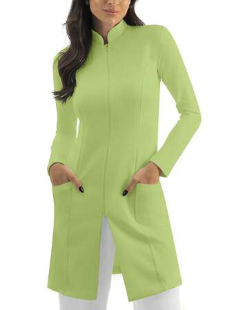 Solid Color Zip-Up Front Dual Pocket Lab Coat