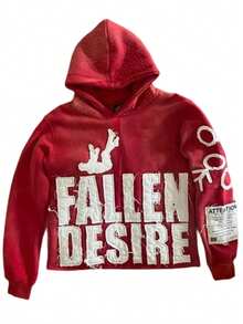 Y2k Embroidered Letter Hoodie Fallen Desire,Vintage Red Oversize Pullover Autumn And Winter Street Casual Sweatshirt Unisex, Back-To-School - Burgundy - View 2