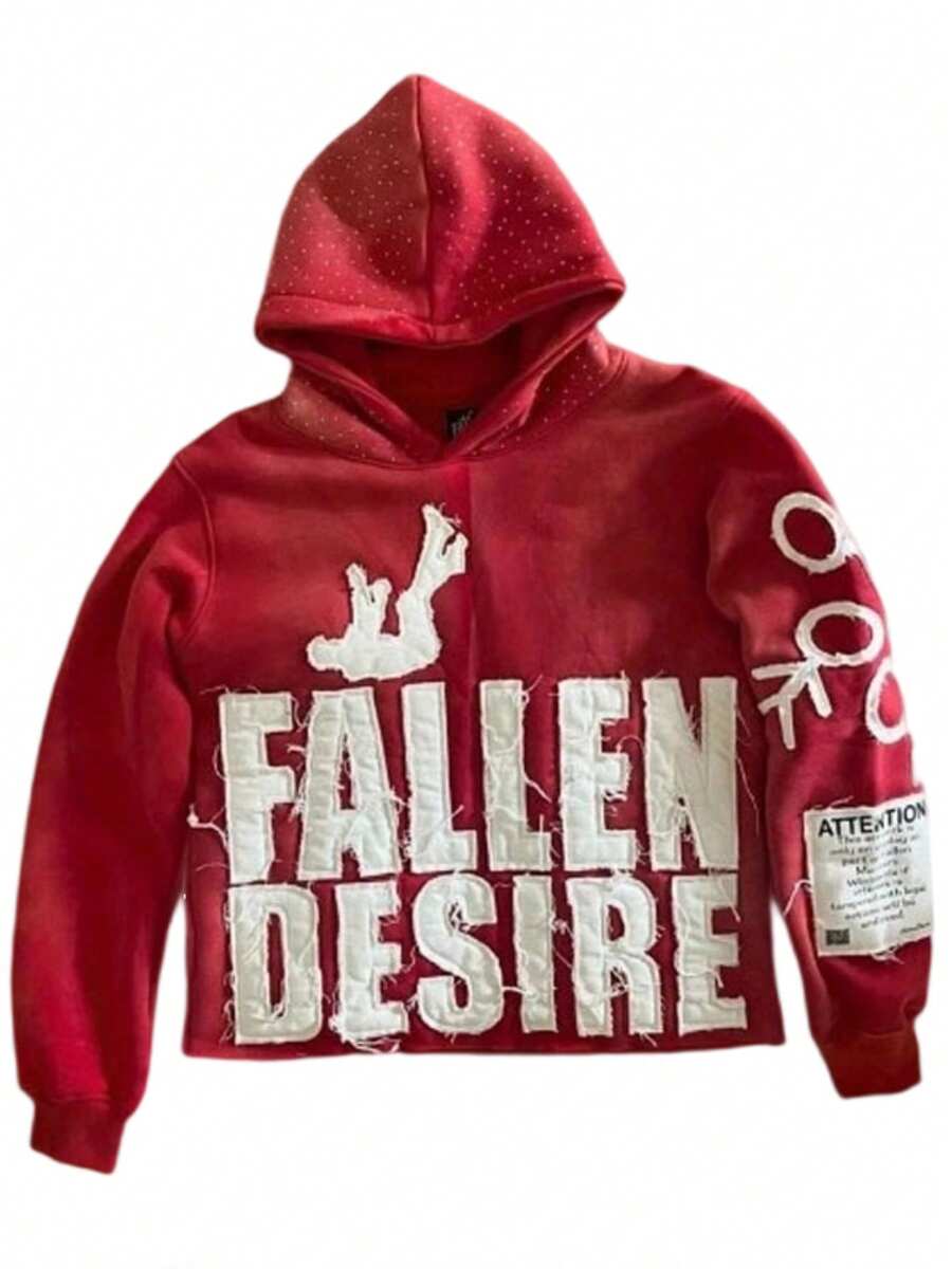 Y2k Embroidered Letter Hoodie Fallen Desire,Vintage Red Oversize Pullover Autumn And Winter Street Casual Sweatshirt Unisex, Back-To-School