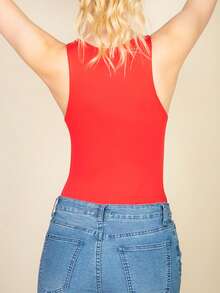 Women Bodysuit Outfit Sleeveless Shapewear Crew Neck Basic Solid Color Casual Skinny Bodysuit For Summer & Spring, Women's Clothing - Đỏ - Xem 5