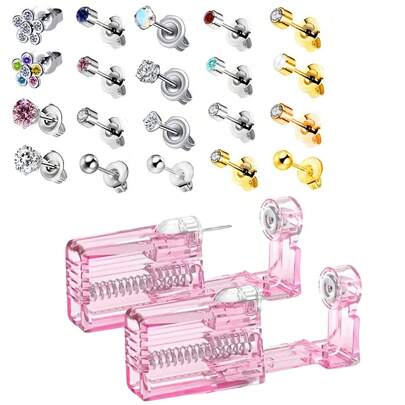 2 Pcs New Fashion Pink Transparent Ear Piercing Gun Kit Disposable Self Ear Pierce Kit With Pierced Earrings Portable Piercing Kit Household Body