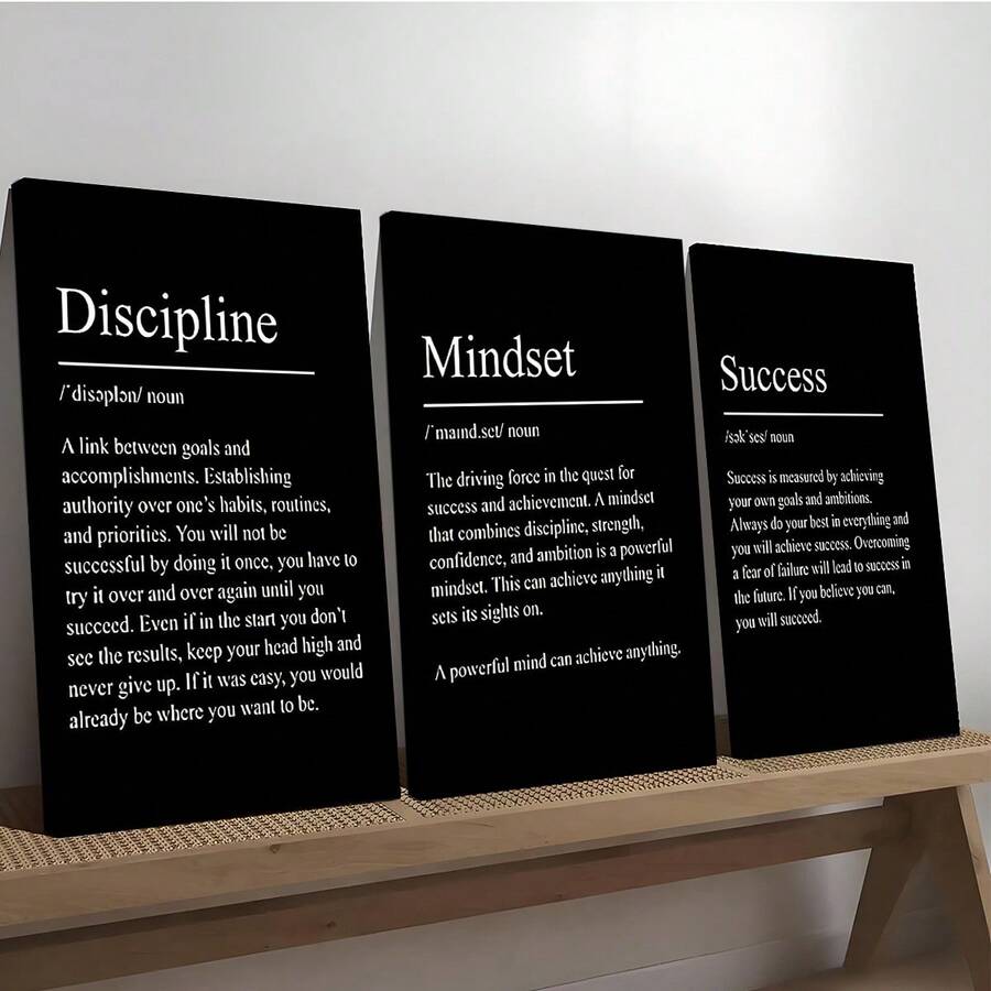 3pcs Quotes Modern Success And Discipline Wall Arts Canvas Posters, High Definition Printing Optional Frame, Inspirational Poster, Suitable For Living Room, Bedroom, Dining Room Home Decoration Hanging Paintings, Printed Materials, Room Corridor Decoration, Artwork, Ideal Gift For Friends - Black and White - View 1