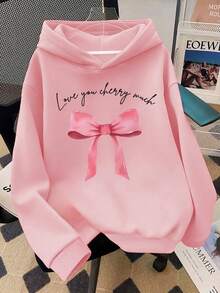 Sudadera con capucha casual con estampado de lazo y letras para adolescentes. Adecuada para uso diario, fiestas, escuela, asistir a festivales de música, vacaciones, ir y venir. - Rosa - Ver 2