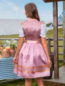 Strój karnawałowy na Halloween, satynowa sukienka z nadrukiem do kolan, krótki top z koronką, wiązanie w talii, haftowany fartuch z koronką, odpowiedni na Oktoberfest, kostium pokojówki COS i inne