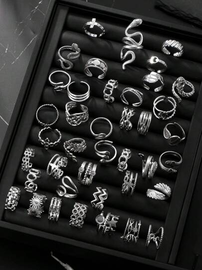 5/10/15/20/40/60pcs Set Stainless Steel Open Ring Assorted Styles Random Box, Including Snake Ring, Geometric Pattern Ring, Star Ring, Cross Ring, Essential For New Year, Valentine's Day Gift, Everyday Wear