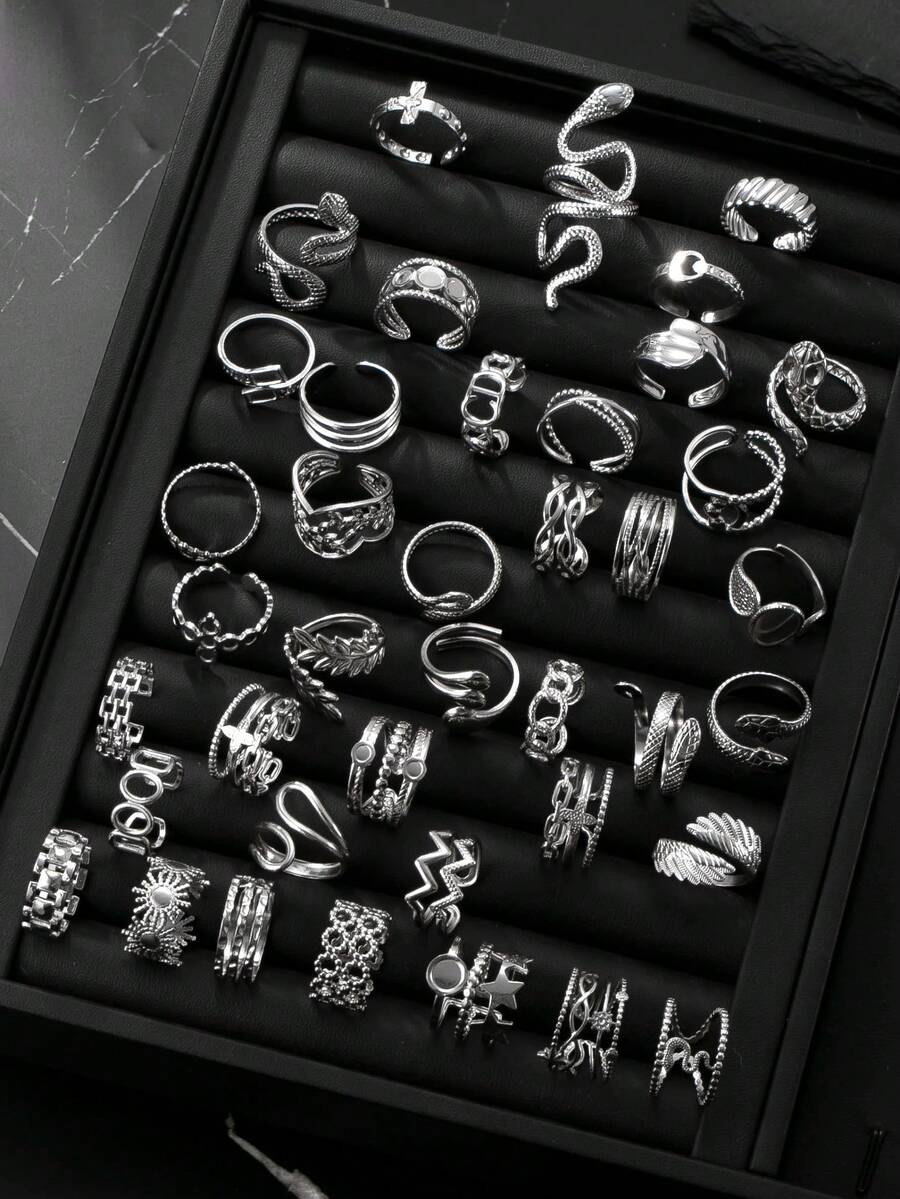 5/10/15/20/40/60pcs Set Stainless Steel Open Ring Assorted Styles Random Box, Including Snake Ring, Geometric Pattern Ring, Star Ring, Cross Ring, Essential For New Year, Valentine's Day Gift, Everyday Wear - Silver - View 1