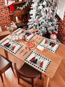 4/6 piezas Manteles individuales con estampado a cuadros búfalo de árbol de Navidad, estilo retro de lino aislado antideslizante, adecuados para decoración de mesa de cocina en el hogar, ambiente navideño, decoración rústica, suministros para fiestas, regalo