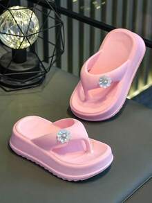 HAHABOBO 女童粉色花朵人字拖，时尚厚底凉鞋，适合夏季室内外穿着，可爱珍珠花朵装饰沙滩鞋 - 粉色 - 查看 3