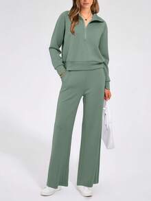 Women's 2 Piece Outfits Casual Lapel Half Zip Sweatshirts And Wide Leg Pants Tracksuit Sets - xám xanh - Xem 1