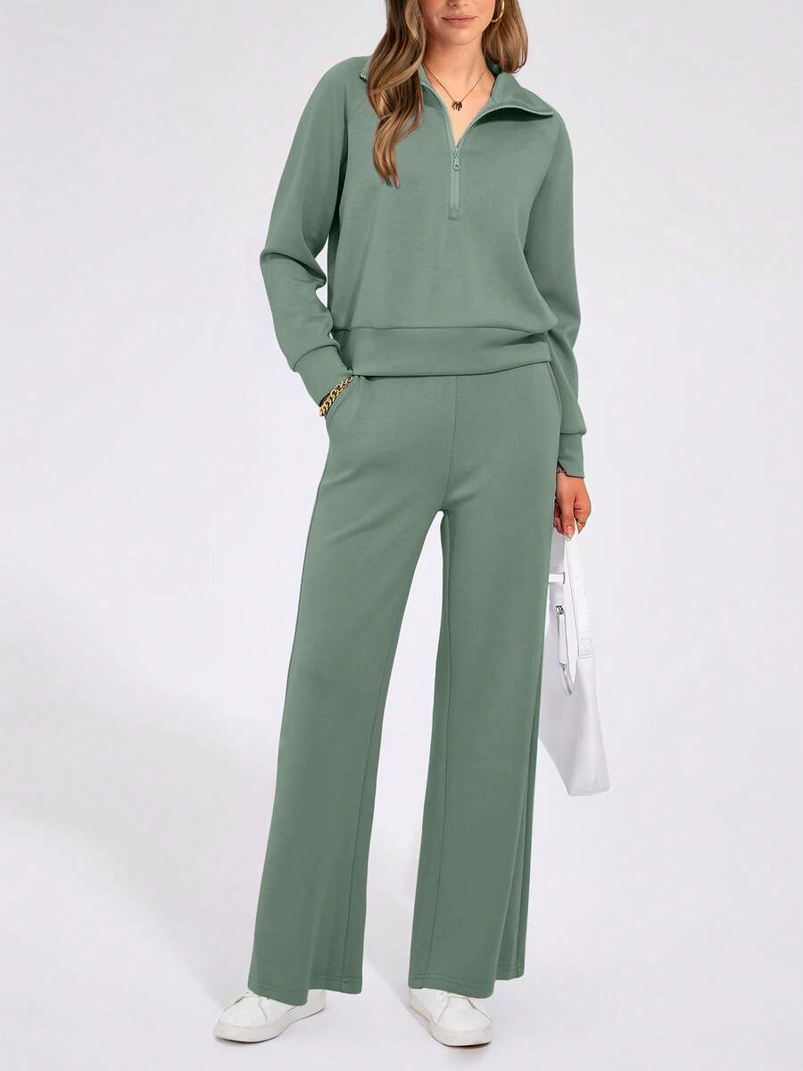Women's 2 Piece Outfits Casual Lapel Half Zip Sweatshirts And Wide Leg Pants Tracksuit Sets - xám xanh - Xem 1