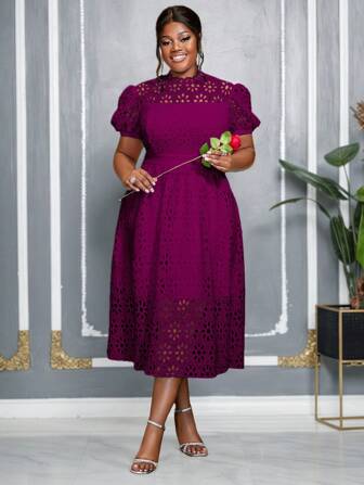 AOMEI Plus Size Purple Easter Solid Color Hollow Out Lace Puff Sleeve A-Line Elegant Wedding Birthday Date Dresses For Women Valentines Day