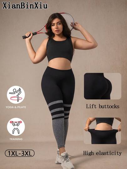 XianBinXiu Plus Size Women Sports Yoga Pants, Black Striped Leggings Suitable For Workout, Sexy Butt Lifting Fold Over Waist Tights, Gym, Plus Size Activewear, Plus Size Pants
